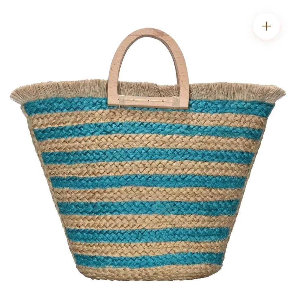 NWT ANTIK KRAFT Hashree Tote bag made with 100% Jute in turquoise stripe